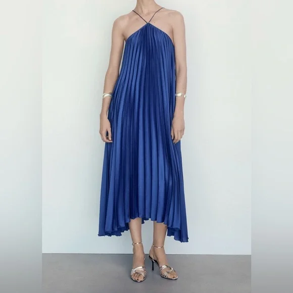 021 Mango Elegant Blue Pleated Halter Neck Halter Dress, Size 6 NWOT - Picture 1 of 11